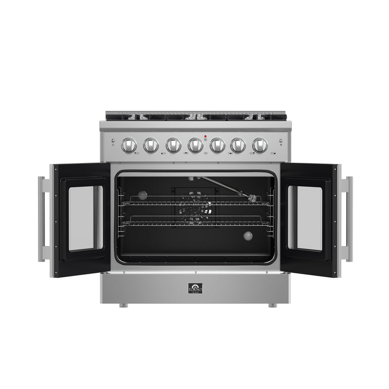 Forno Galiano 36" Freestanding French Door Gas Range, 6 Burners, Convection Fan, FFSGS6444-36