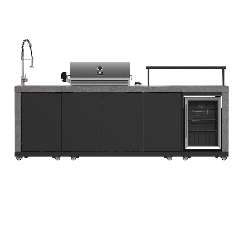 Forno Rimini 30" Outdoor Kitchen with 62,600 BTU BBQ, 3 Burners with Sear & Rotisserie, 2.4 cu.ft. Beverage Center, Stainless Steel Sink, Black Cabinets & Gray Sintered Stone Countertops, FODKT2544BLK