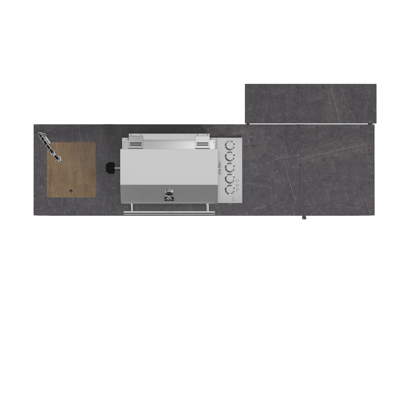 Forno Rimini 30" Outdoor Kitchen with 62,600 BTU BBQ, 3 Burners with Sear & Rotisserie, 2.4 cu.ft. Beverage Center, Stainless Steel Sink, Black Cabinets & Gray Sintered Stone Countertops, FODKT2544BLK