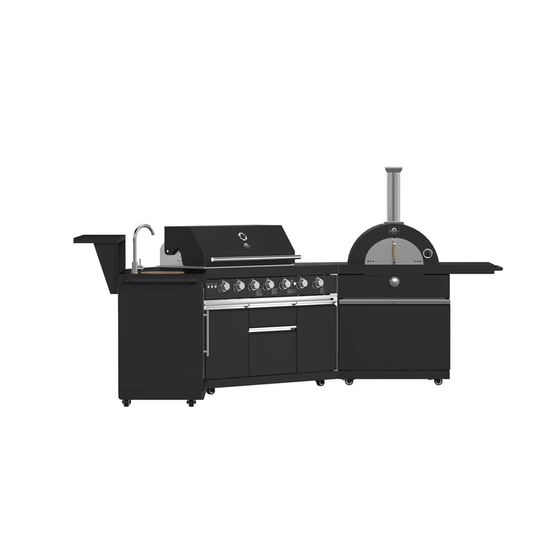 Forno All'Aperto Outdoor Kitchen Island with 87,600 BTU Gas Grill, 18" Pizza Oven, Bar & Beverage Center, FODKT2551BLK
