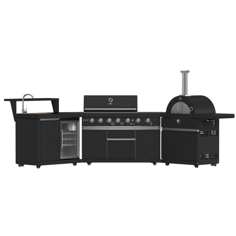 Forno All'Aperto Outdoor Kitchen Island with 87,600 BTU Gas Grill, 18" Pizza Oven, Bar & Beverage Center, FODKT2551BLK