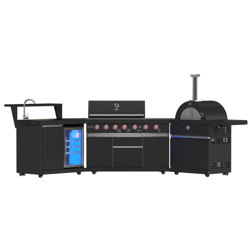 Forno All'Aperto Outdoor Kitchen Island with 87,600 BTU Gas Grill, 18" Pizza Oven, Bar & Beverage Center, FODKT2551BLK