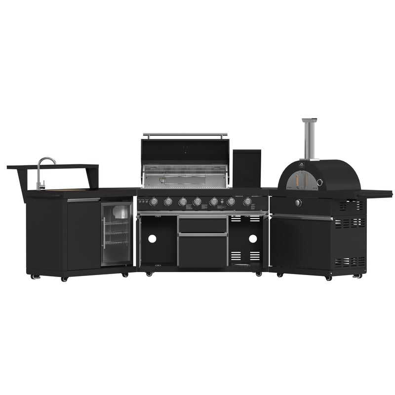 Forno All'Aperto Outdoor Kitchen Island with 87,600 BTU Gas Grill, 18" Pizza Oven, Bar & Beverage Center, FODKT2551BLK