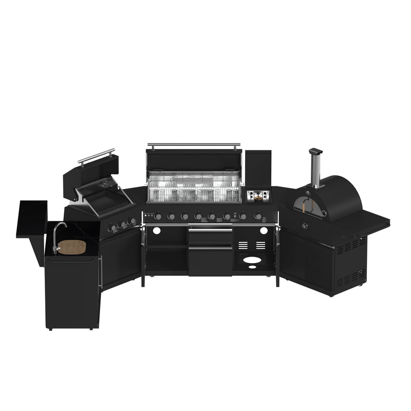 Forno All'Aperto Outdoor Kitchen with 99,600 BTU BBQ, 36,000 BTU Plancha, 19,000 BTU Pizza Oven, Black Sintered Stone Countertops, FODKT2568BLK