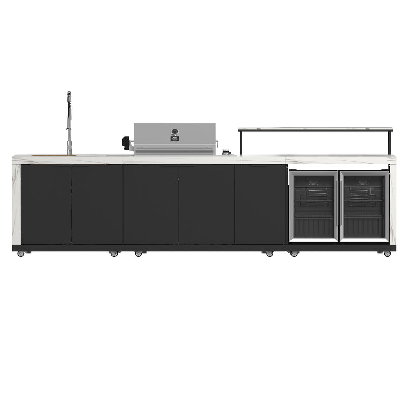 Forno Rimini 30" Outdoor Kitchen with 62,600 BTU BBQ, 3 Burners with Sear & Rotisserie, 4.8 cu.ft. Beverage Center, Stainless Steel Double Sink in Black and White, Sintered Stone Countertop, Fully Assembled, FODKT2575WHT