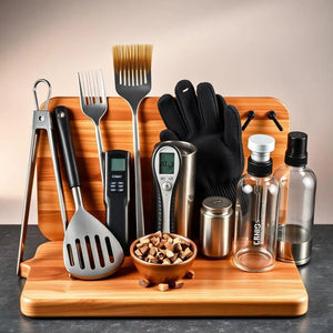 A wooden cutting board surrounded by BBQ accessories, including utensils and various kitchen items for grilling.