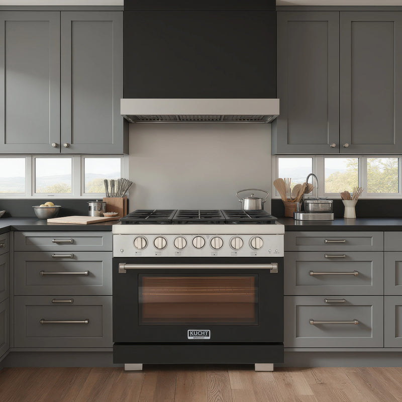 Kucht Professional 36" 5.2 cu ft. Propane Gas Range with Black Door and Silver Knobs, KFX3600X/LP-BK