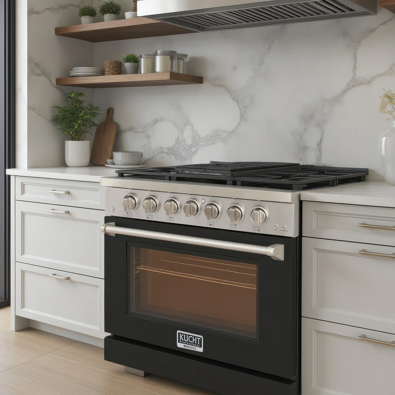 Kucht Professional 36" 5.2 cu ft. Propane Gas Range with Black Door and Silver Knobs, KFX3600X/LP-BK
