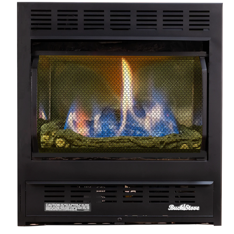 Buck Stove Model 1127 Vent-Free Gas Fireplace, 25,000 BTU, Blower, Deluxe Mantel, Thermostat, NV C11272LP