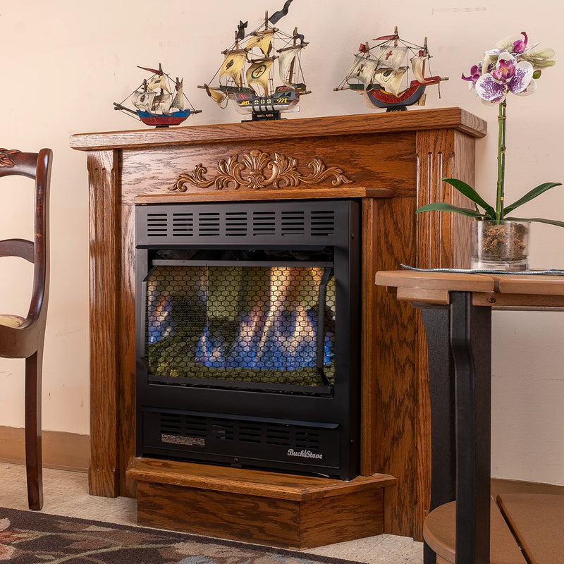 Buck Stove Model 1127 Vent-Free Gas Fireplace, 25,000 BTU, Blower, Deluxe Mantel, Thermostat, NV C11272LP
