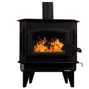 Black wood stove with flames inside on a white background