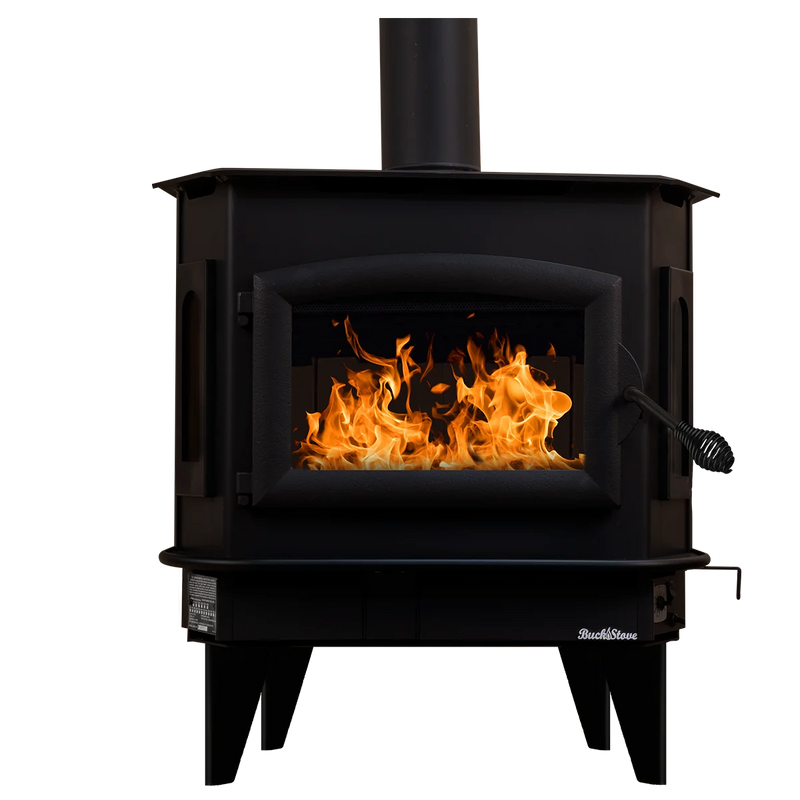 Black wood stove with flames inside on a white background