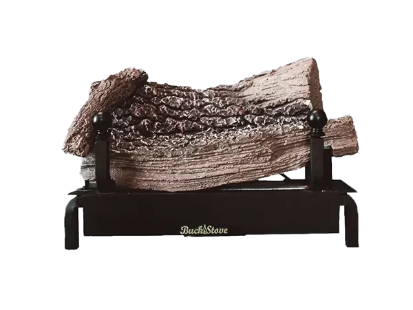 Wood logs on a black stand with 'BuckStove' branding on a white background