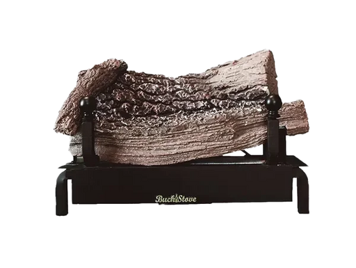 Wood logs on a black stand with 'BuckStove' branding on a white background