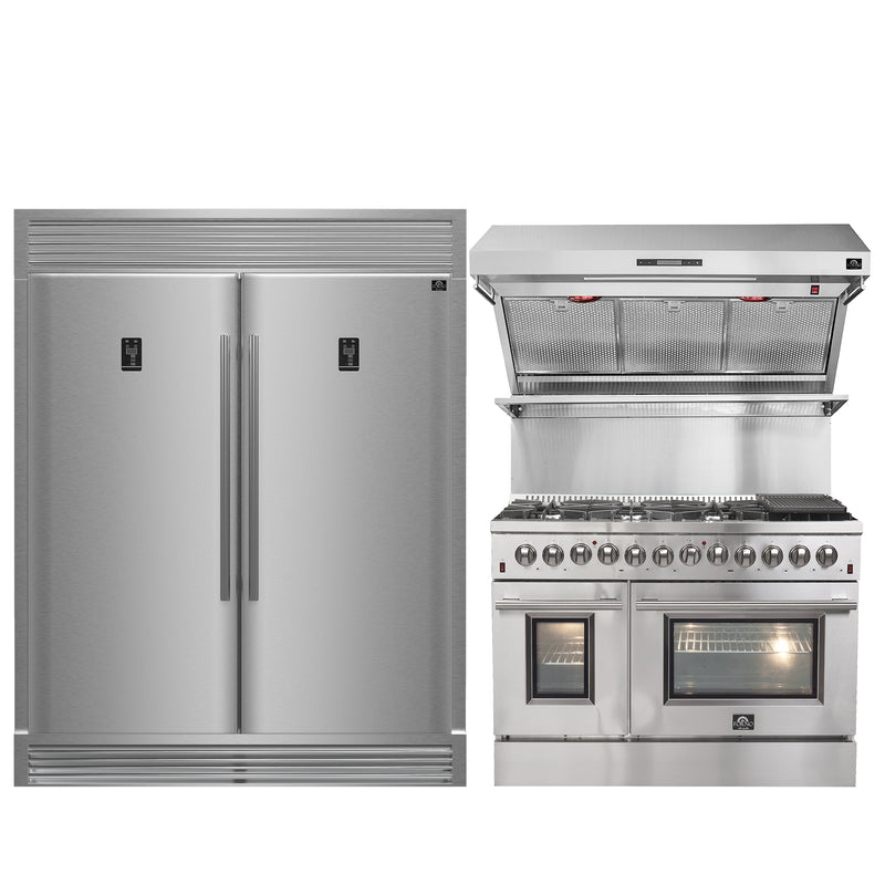 Forno 3-Piece Appliance Package - 48" Dual Fuel Range, 60" Pro-Style Refrigerator & Wall Mount Hood with Backsplash in Stainless Steel, FBDL-017-02US