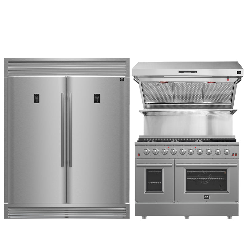 Forno 3-Piece Appliance Package - 48" Gas Range, 60" Pro-Style Refrigerator & Wall Mount Hood with Backsplash in Stainless Steel, FBDL-018-02US
