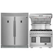 Stainless steel refrigerator and stove with range hood on a white background