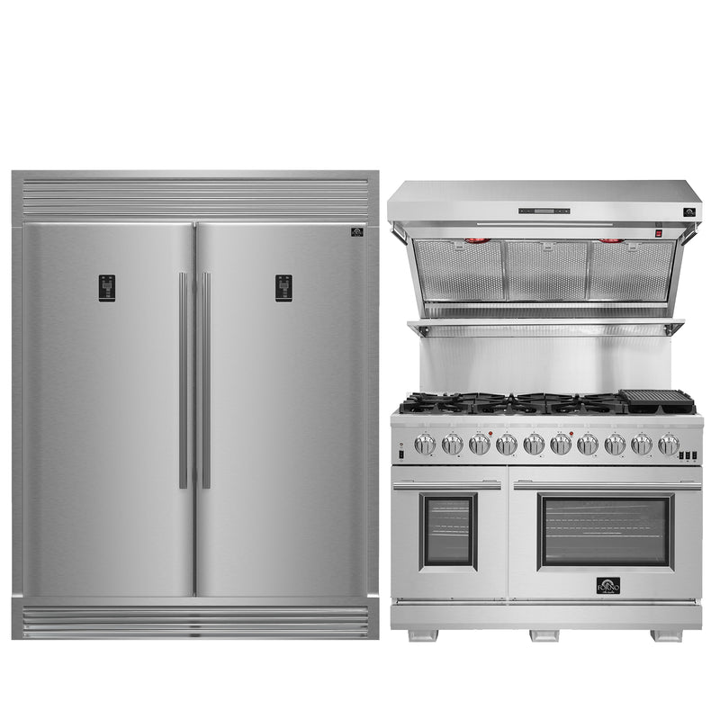 Stainless steel refrigerator and stove with range hood on a white background