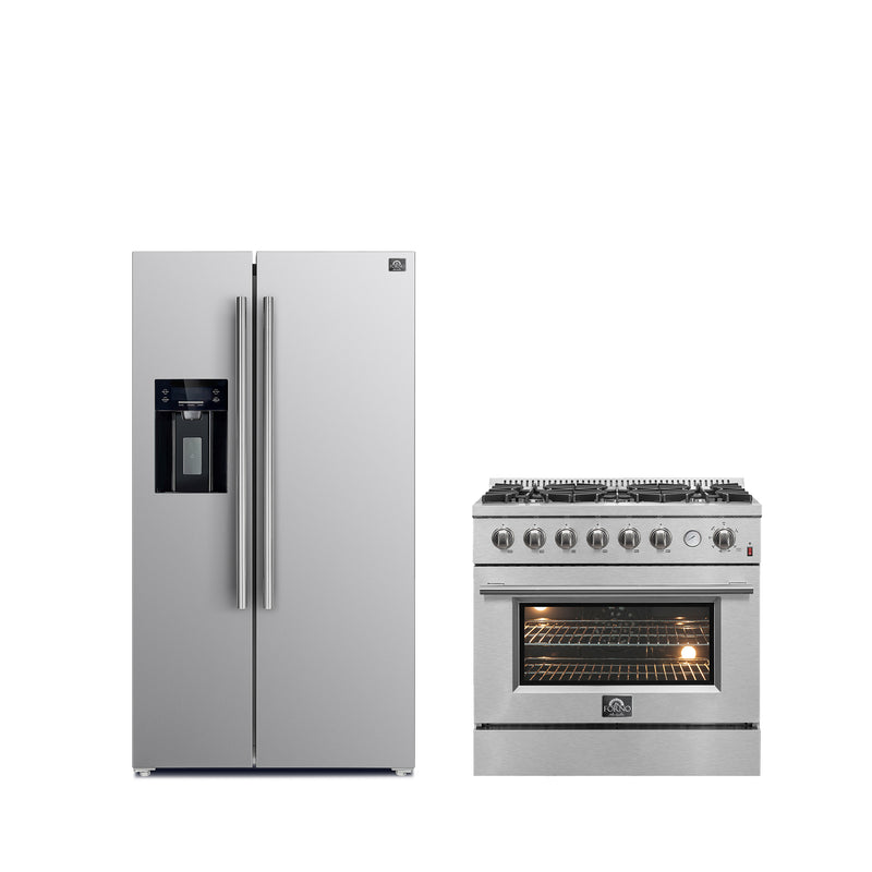 Forno 2-Piece Appliance Package- 36" Gas Range and 36" Refrigerator with Water Dispenser in Stainless Steel, FBDL-021-03CAUS