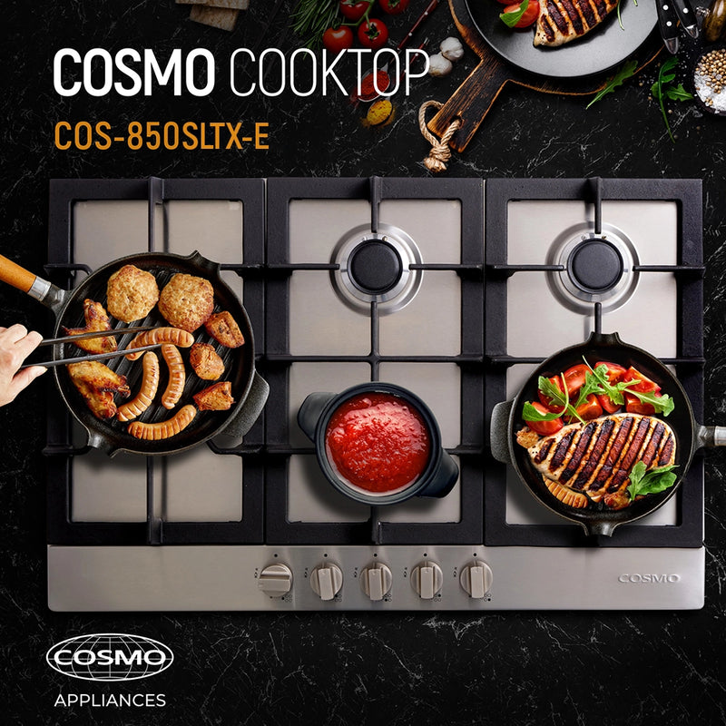 Cosmo 30" Gas Cooktop in Stainless Steel, 5 Burners, Cast Iron Grates, 850SLTX-E