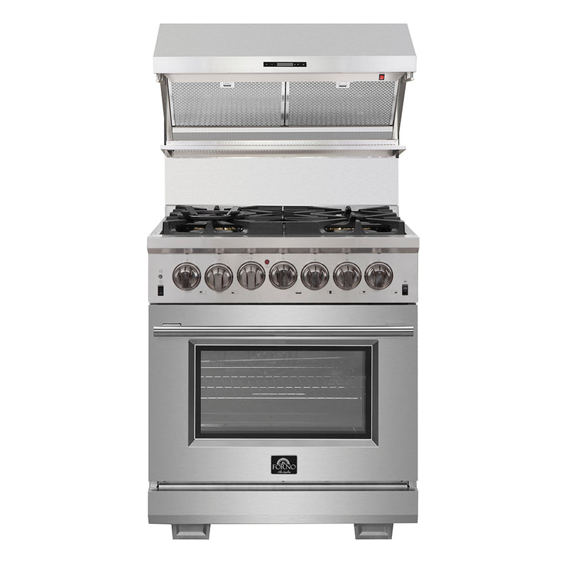 Forno Capriasca 30" Freestanding Dual Fuel Range in Stainless Steel, 5 Brass Burners, True Convection, Cast-Iron Grates, FFSGS6187-30