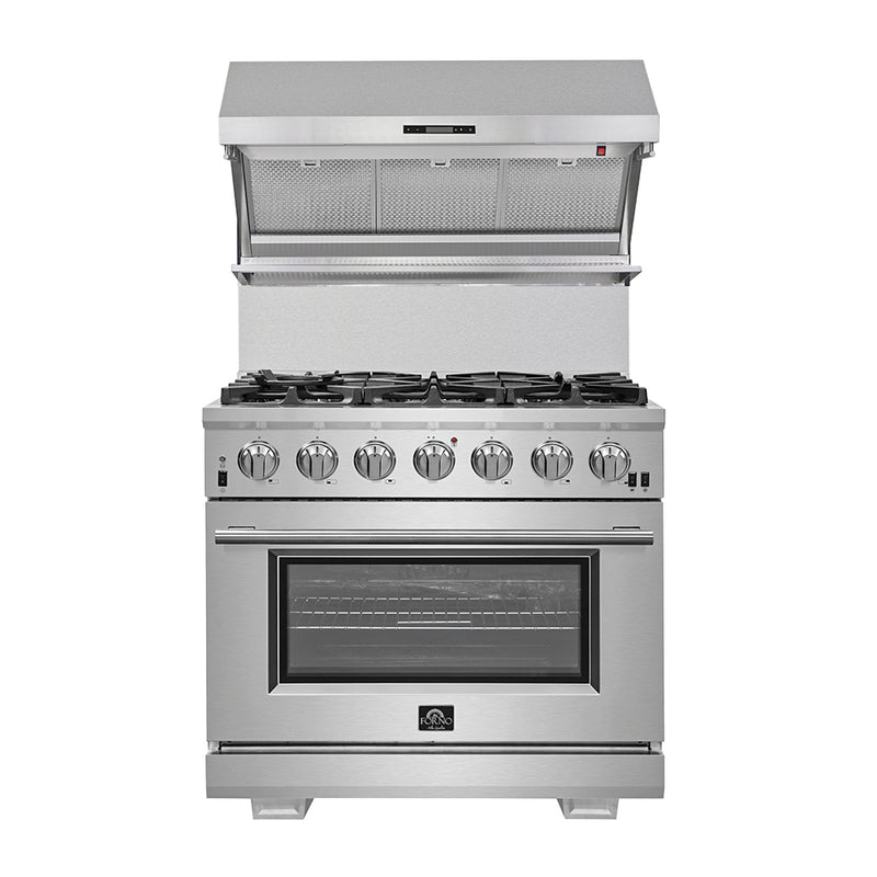 Forno Capriasca 36" Freestanding Gas Range in Stainless Steel, Brass Burners, Convection Fan, FFSGS6260-36