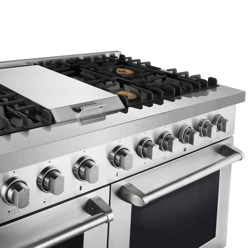 Cosmo 48" Lumin Collection 6.7 cu. ft. Freestanding Dual Fuel Double Oven Range in Stainless Steel, 6 Sealed Burners, Griddle, COS-DFRL486GK