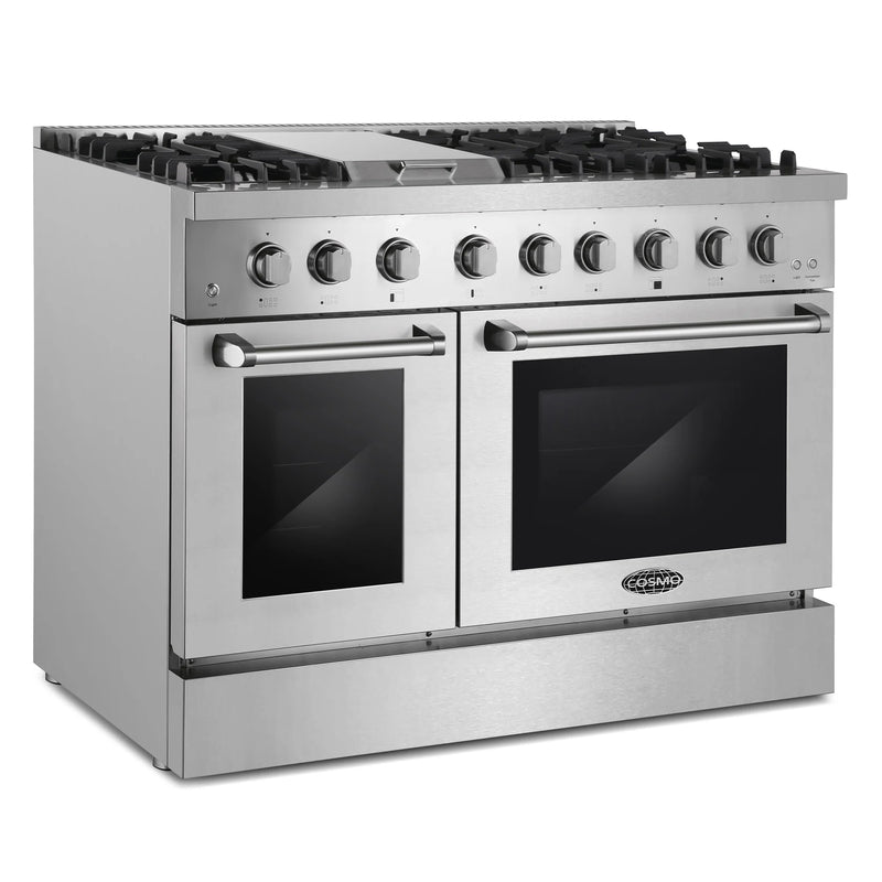 Cosmo 48" Lumin Collection 6.7 cu. ft. Freestanding Dual Fuel Double Oven Range in Stainless Steel, 6 Sealed Burners, Griddle, COS-DFRL486GK