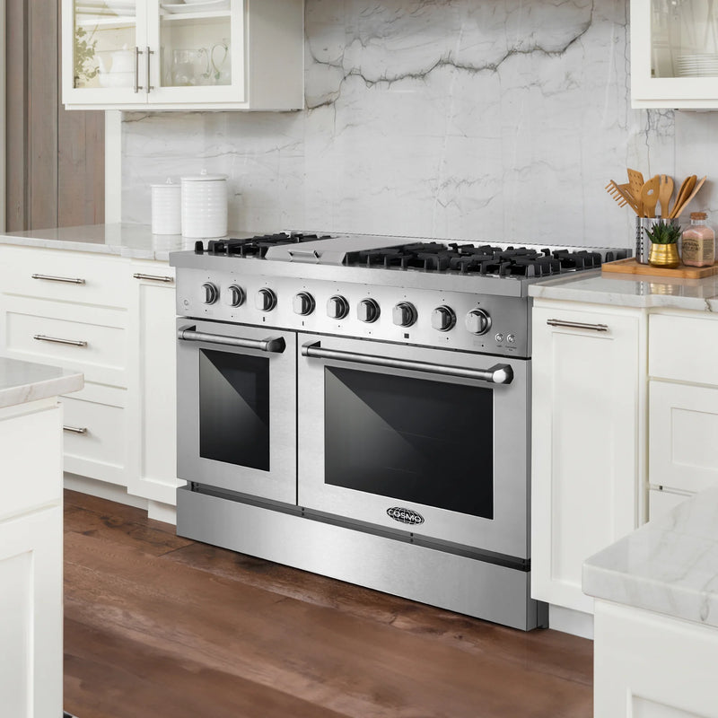 Cosmo 48" Lumin Collection 6.7 cu. ft. Freestanding Dual Fuel Double Oven Range in Stainless Steel, 6 Sealed Burners, Griddle, COS-DFRL486GK