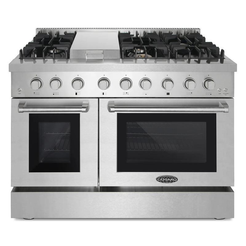 Cosmo 48" Lumin Collection 6.7 cu. ft. Freestanding Dual Fuel Double Oven Range in Stainless Steel, 6 Sealed Burners, Griddle, COS-DFRL486GK