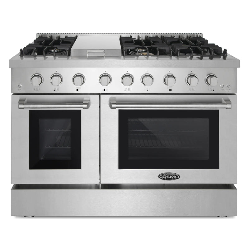 Cosmo 48" Lumin Collection 6.7 cu. ft. Freestanding Dual Fuel Double Oven Range in Stainless Steel, 6 Sealed Burners, Griddle, COS-DFRL486GK