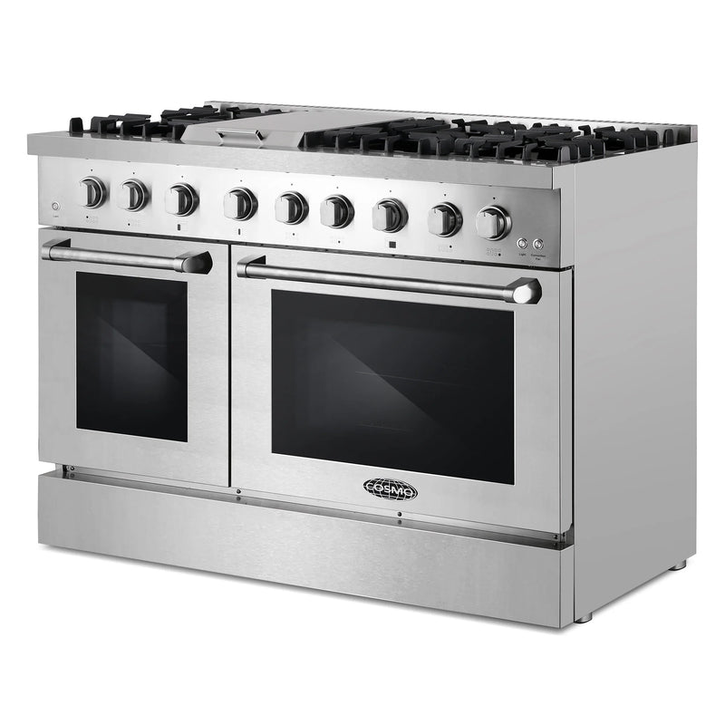 Cosmo 48" Lumin Collection 6.7 cu. ft. Freestanding Dual Fuel Double Oven Range in Stainless Steel, 6 Sealed Burners, Griddle, COS-DFRL486GK