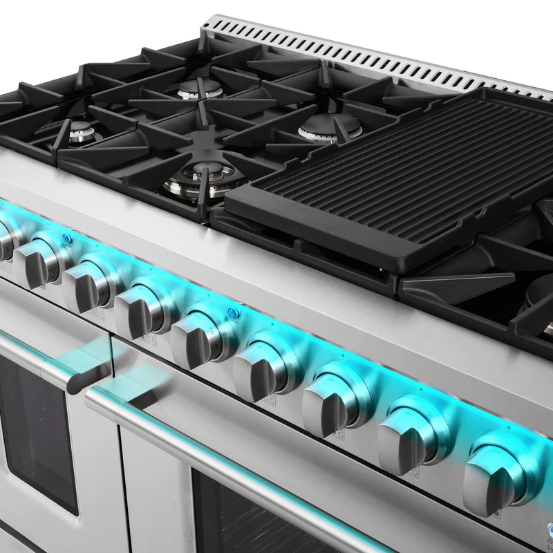 Cosmo 48" Lumin Collection 5.5 cu. ft. Freestanding Dual Fuel Double Oven Range in Stainless Steel, 8 Sealed Burners, Convection, COS-DFRP488K