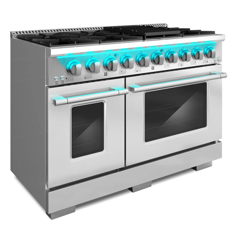 Cosmo 48" Lumin Collection 5.5 cu. ft. Freestanding Dual Fuel Double Oven Range in Stainless Steel, 8 Sealed Burners, Convection, COS-DFRP488K