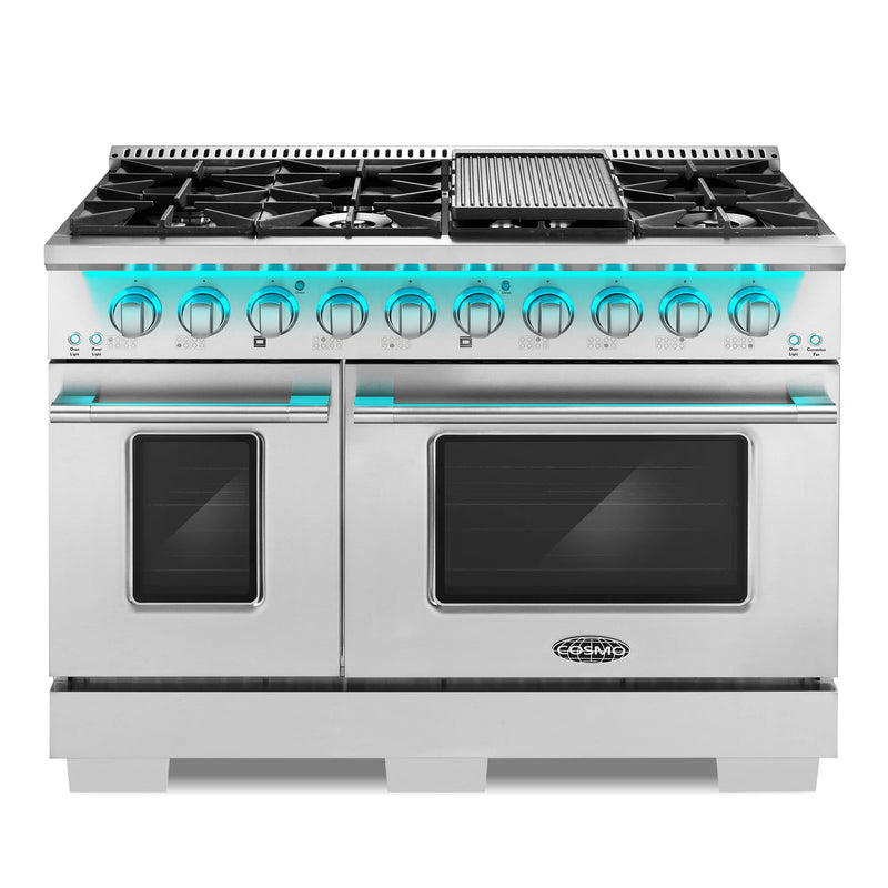 Cosmo 48" Lumin Collection 5.5 cu. ft. Freestanding Dual Fuel Double Oven Range in Stainless Steel, 8 Sealed Burners, Convection, COS-DFRP488K