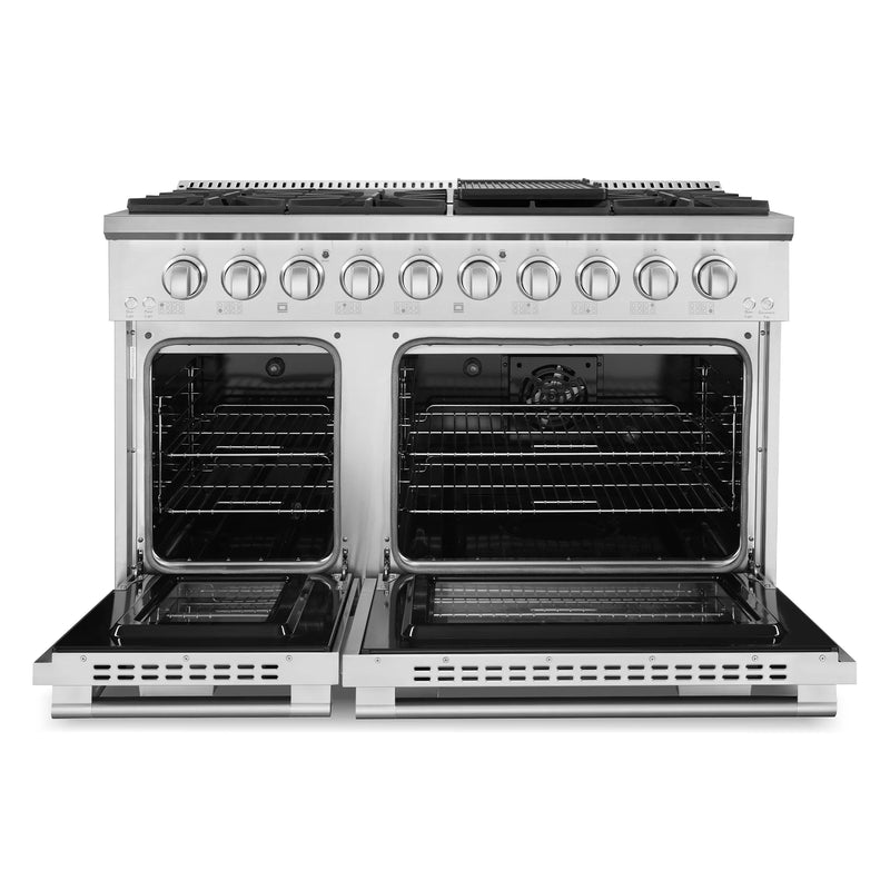 Cosmo 48" Lumin Collection 5.5 cu. ft. Freestanding Dual Fuel Double Oven Range in Stainless Steel, 8 Sealed Burners, Convection, COS-DFRP488K