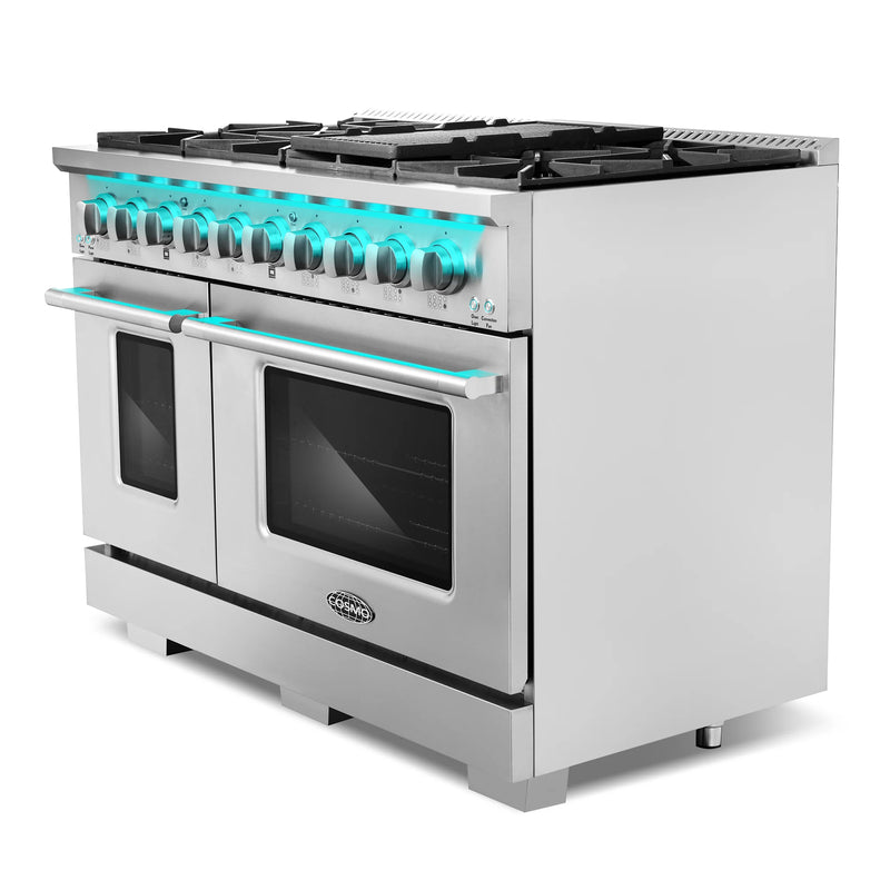 Cosmo 48" Lumin Collection 5.5 cu. ft. Freestanding Dual Fuel Double Oven Range in Stainless Steel, 8 Sealed Burners, Convection, COS-DFRP488K