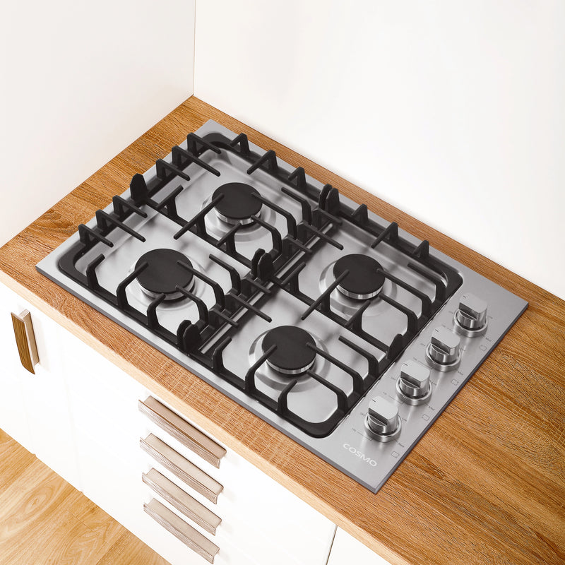 Cosmo 30" Gas Cooktop in Stainless Steel, 4 Sealed Burners, 18,000 BTU Burner, Cast-Iron Grates, COS-DIC304