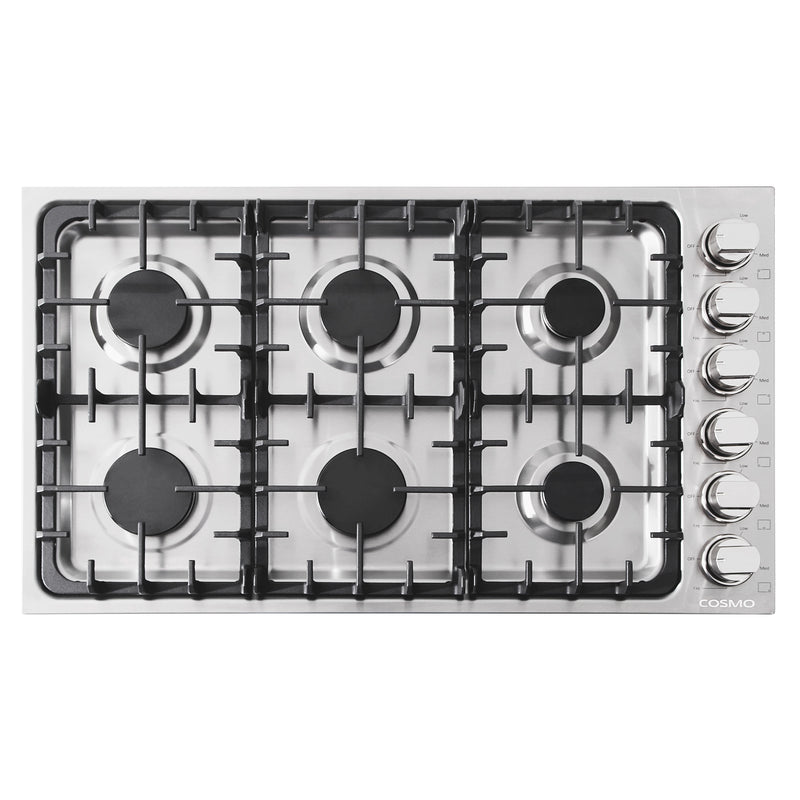 Cosmo 36" Gas Cooktop in Stainless Steel, 6 Italian Burners, Cast-Iron Grates, COS-DIC366