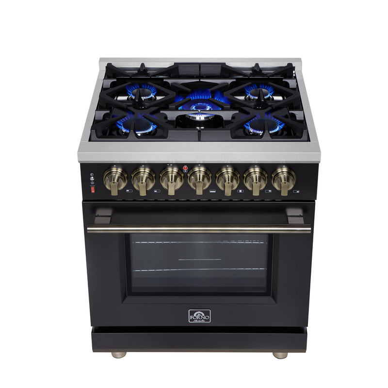 Forno Massimo 30" Freestanding Dual Fuel Range in Black with 5 Sealed Burners, Air Fryer Kit, Wok Support & Griddle in Black with Antique Brass Accents, FFSGS6125-30BLK