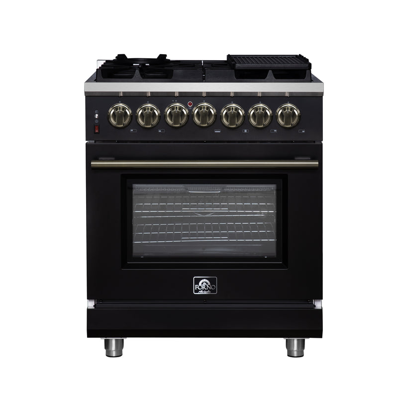 Forno Massimo 30" Freestanding Dual Fuel Range in Black with 5 Sealed Burners, Air Fryer Kit, Wok Support & Griddle in Black with Antique Brass Accents, FFSGS6125-30BLK