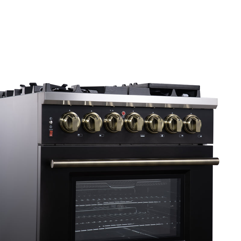 Forno Massimo 30" Freestanding Dual Fuel Range in Black with 5 Sealed Burners, Air Fryer Kit, Wok Support & Griddle in Black with Antique Brass Accents, FFSGS6125-30BLK