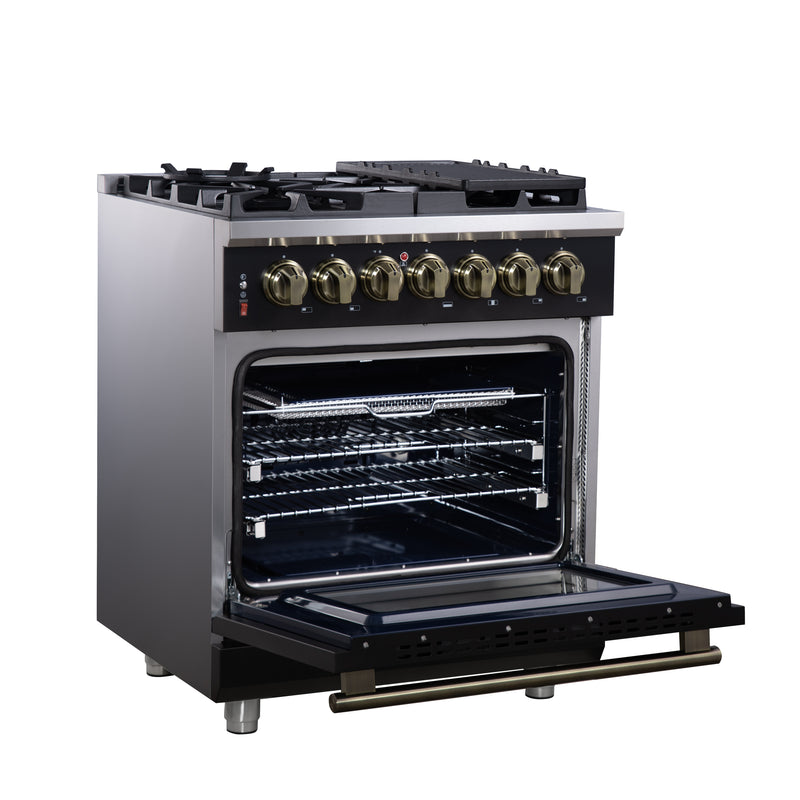 Forno Massimo 30" Freestanding Dual Fuel Range in Black with 5 Sealed Burners, Air Fryer Kit, Wok Support & Griddle in Black with Antique Brass Accents, FFSGS6125-30BLK