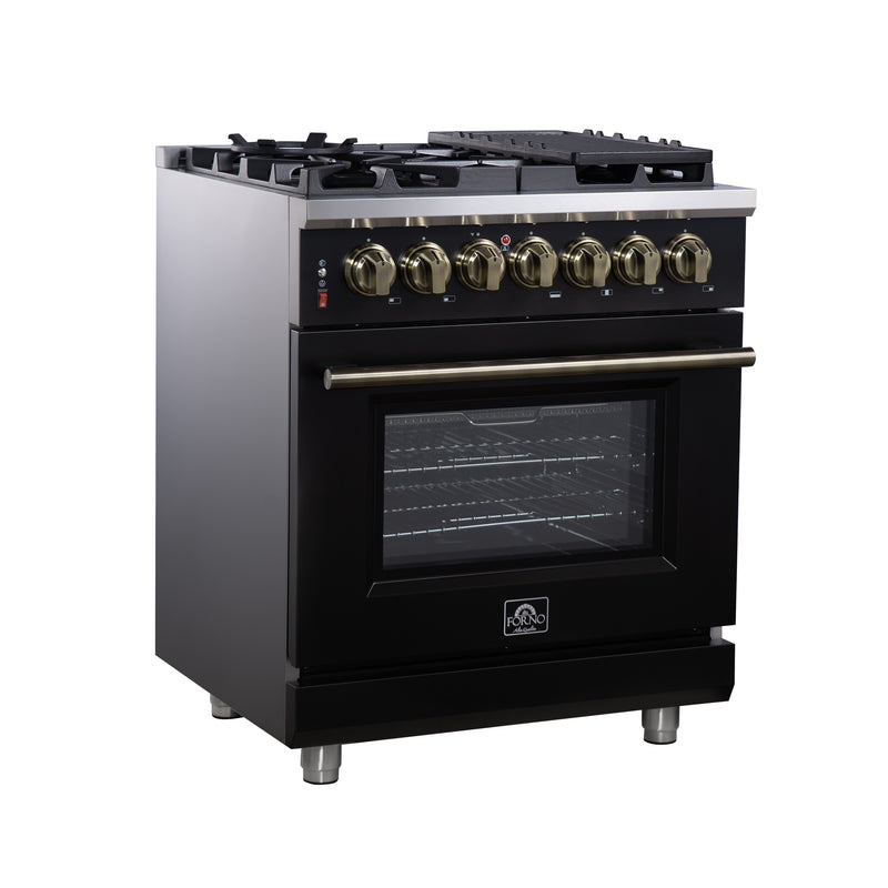 Forno Massimo 30" Freestanding Dual Fuel Range in Black with 5 Sealed Burners, Air Fryer Kit, Wok Support & Griddle in Black with Antique Brass Accents, FFSGS6125-30BLK