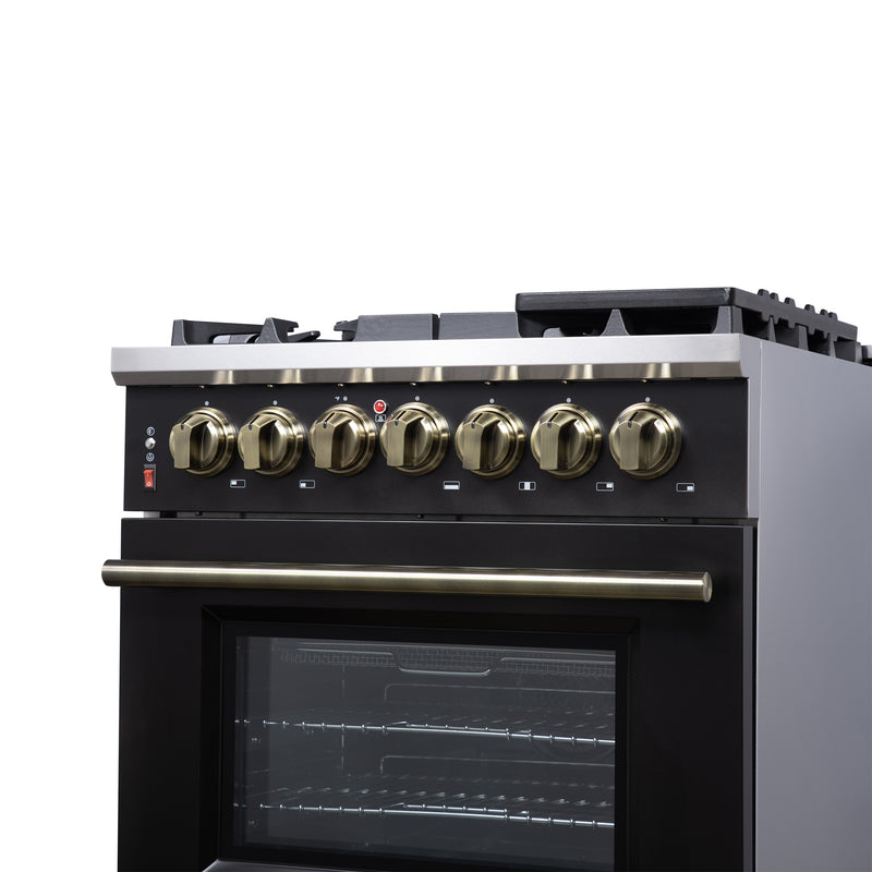Forno Massimo 30" Freestanding Dual Fuel Range in Black with 5 Sealed Burners, Air Fryer Kit, Wok Support & Griddle in Black with Antique Brass Accents, FFSGS6125-30BLK