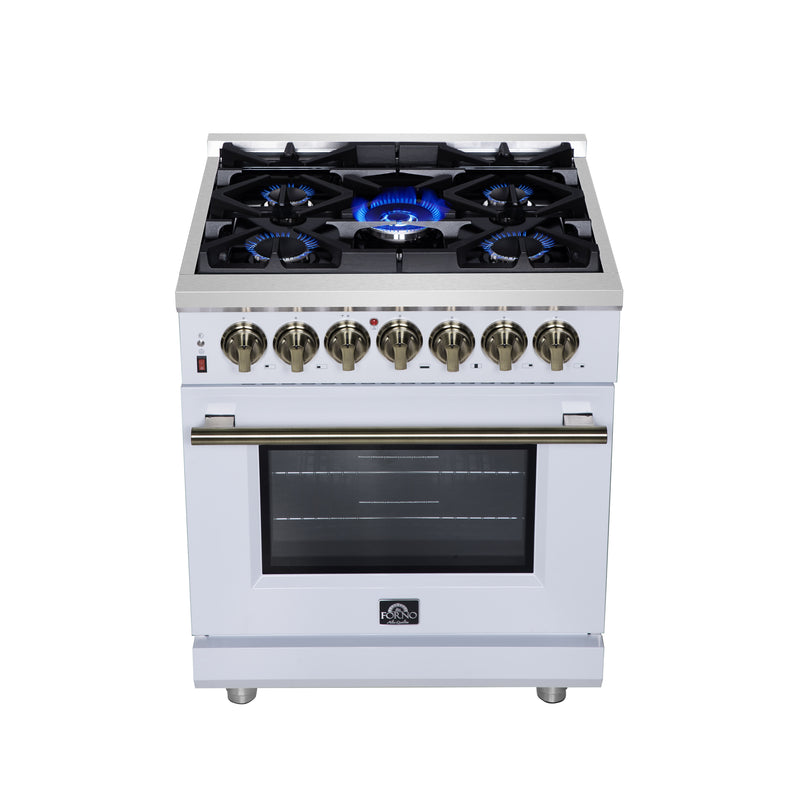 Forno Massimo 30" Freestanding Dual Fuel Range in White with 5 Sealed Burners, Air Fryer Kit, Wok Support & Griddle in White with Antique Brass Accents, FFSGS6125-30WHT