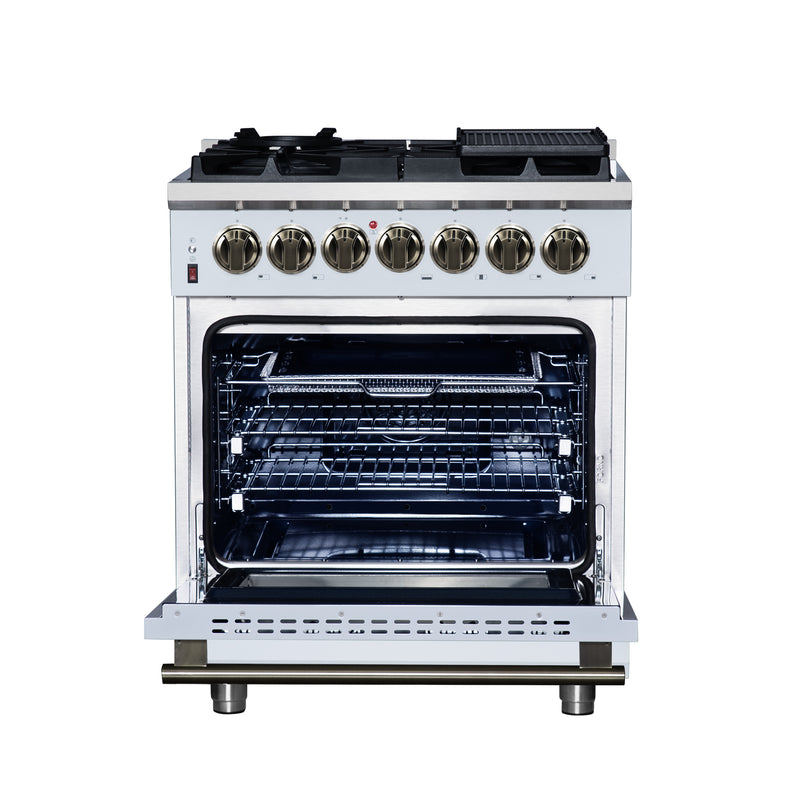 Forno Massimo 30" Freestanding Dual Fuel Range in White with 5 Sealed Burners, Air Fryer Kit, Wok Support & Griddle in White with Antique Brass Accents, FFSGS6125-30WHT