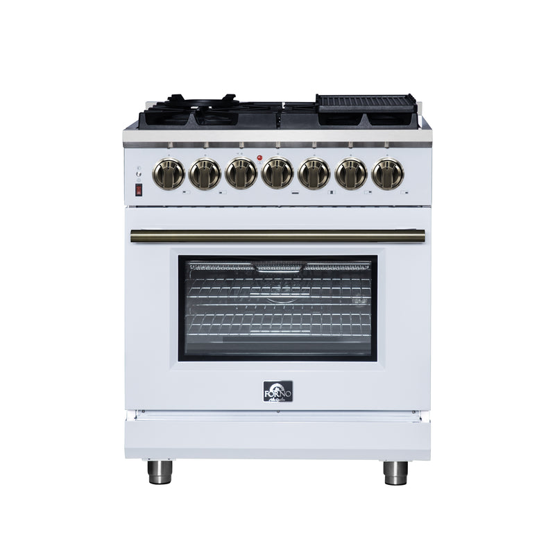 Forno Massimo 30" Freestanding Dual Fuel Range in White with 5 Sealed Burners, Air Fryer Kit, Wok Support & Griddle in White with Antique Brass Accents, FFSGS6125-30WHT