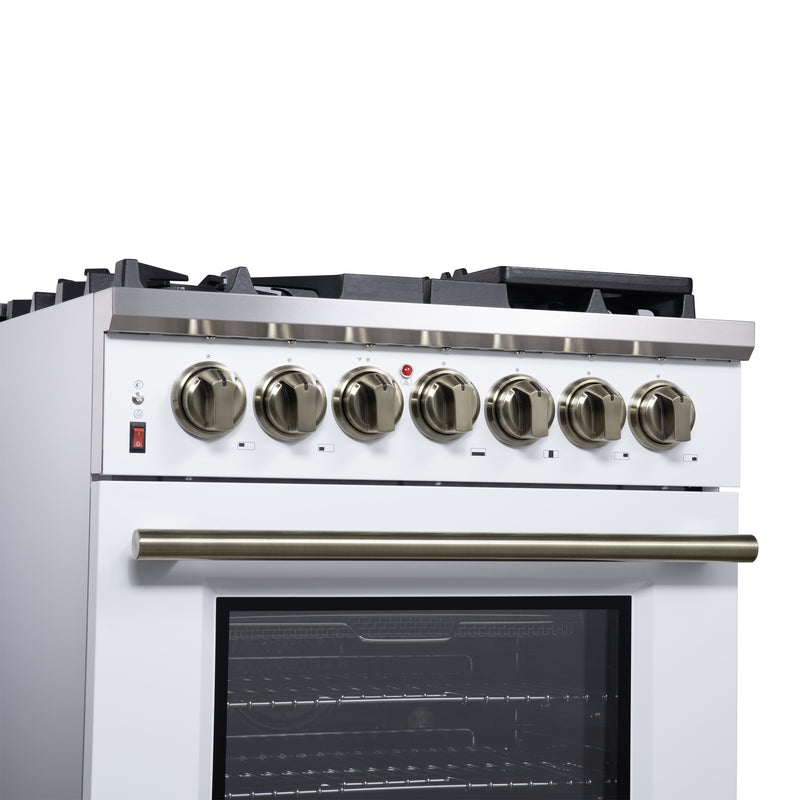 Forno Massimo 30" Freestanding Dual Fuel Range in White with 5 Sealed Burners, Air Fryer Kit, Wok Support & Griddle in White with Antique Brass Accents, FFSGS6125-30WHT