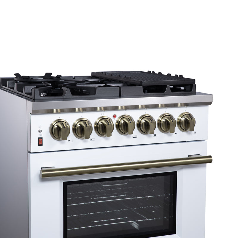 Forno Massimo 30" Freestanding Dual Fuel Range in White with 5 Sealed Burners, Air Fryer Kit, Wok Support & Griddle in White with Antique Brass Accents, FFSGS6125-30WHT